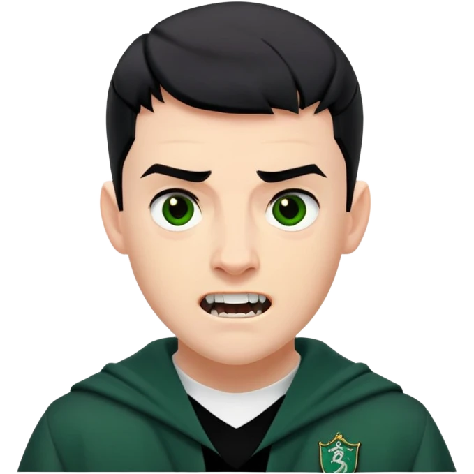 Jamie Yeates is Marcus Flint in harry potter, wear hogwarts slytherin uniform, short black hair, bulky face, often grimacing and showing teeth growl menacingly emoji
