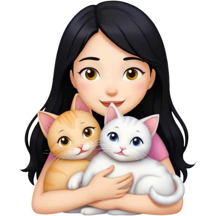 happy girl with black hair hugging three cats   emoji