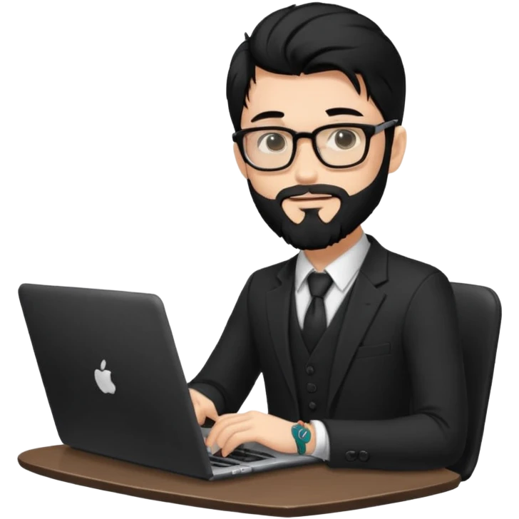 a young man with long black hair, with formal cloth, beard, wearing glasses sitting with a laptop, tattoo inyout arms emoji