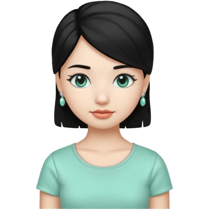 A girl emoji wearing silver jhumka and light mint green colour tshirt with dark black hair emoji