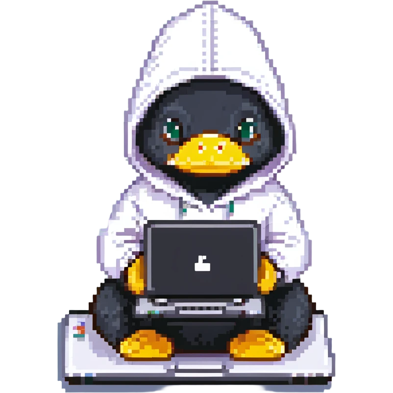 black rubber duck with tiny hoodie and a laptop, hacker emoji