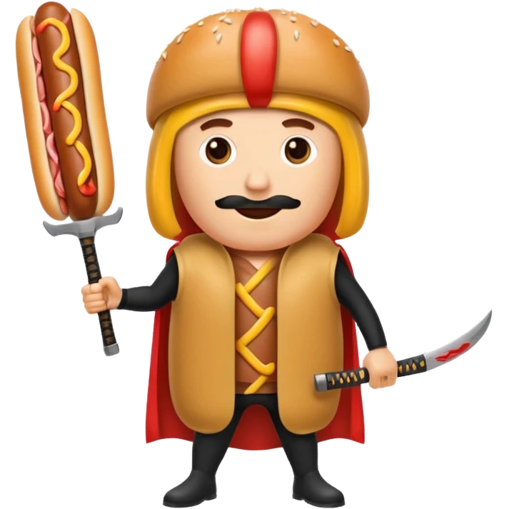Middle aged attractive man wearing a hot dog costume wielding a katana emoji