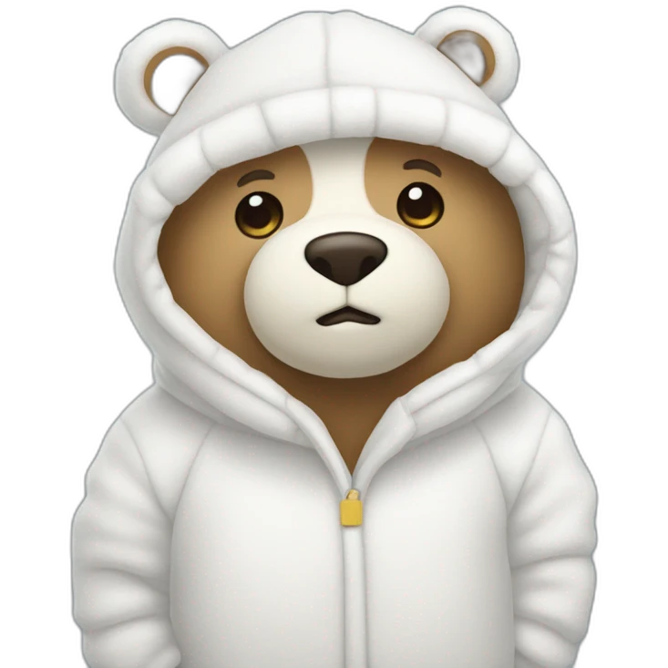 Un oso de peluche blanco con un pijama y un gorro blanco y muy delgado emoji