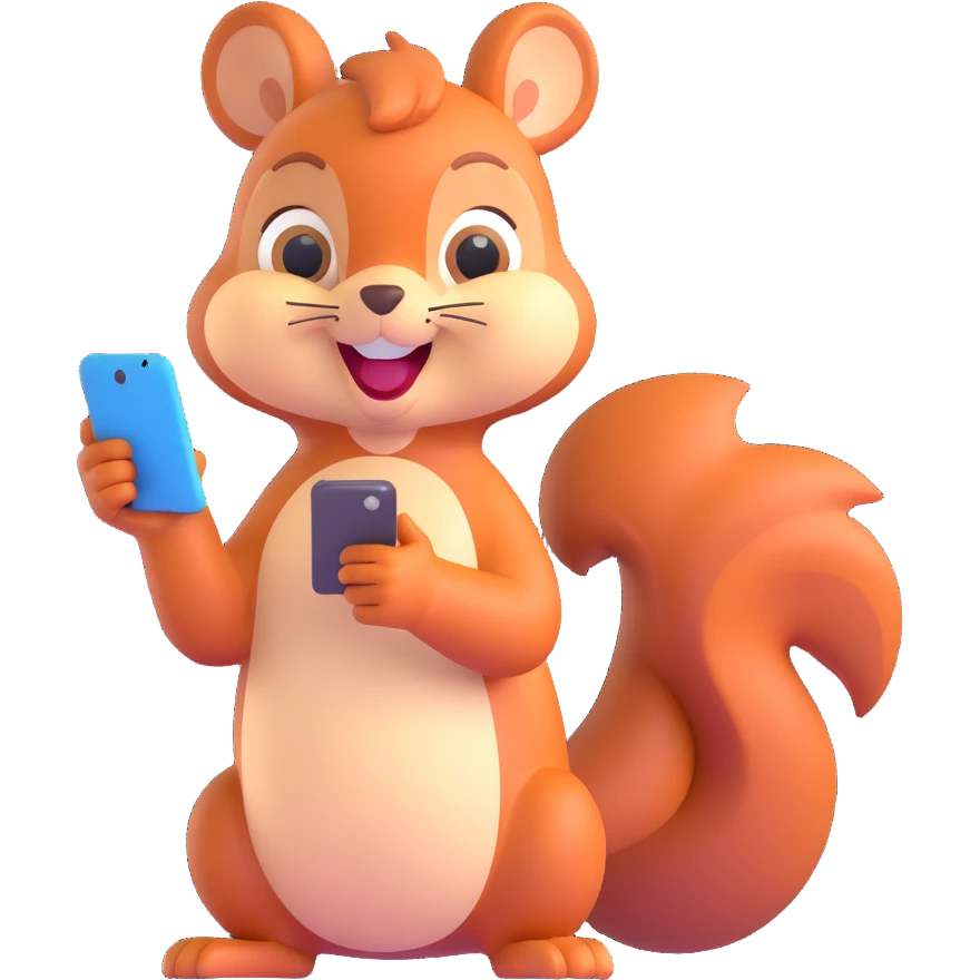 cartoon squirrel with a smartphone, mid-conversation, cheerful expression, emoji style emoji
