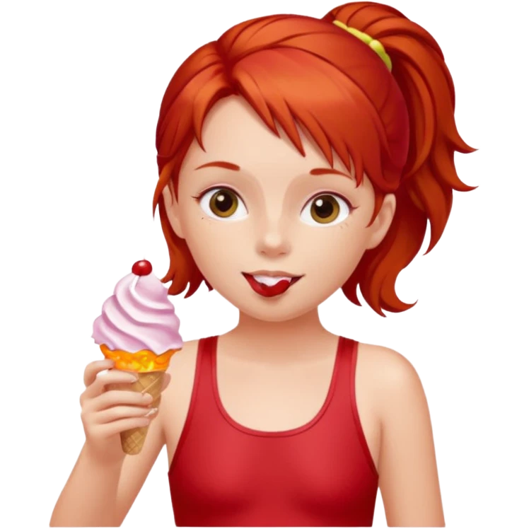 girl kid red haired swimsuit, eating ice cream, sun emoji