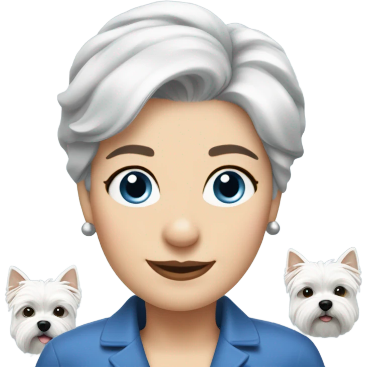  short gray hair lady blue eyes with three westie dogs emoji