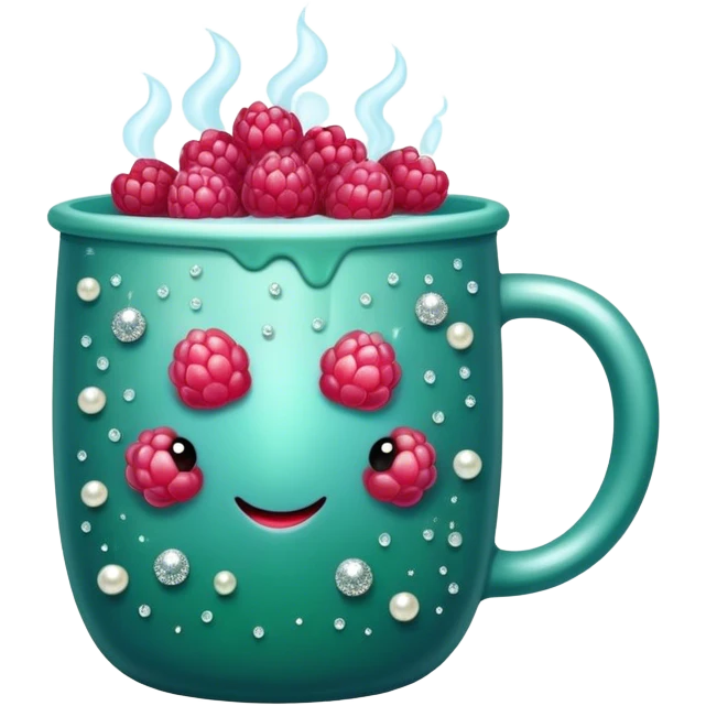 soft blue mug filled with steaming hot raspberry tea, decorated with dark green pearl and sparkly embellishments (aesthetic, cute) emoji