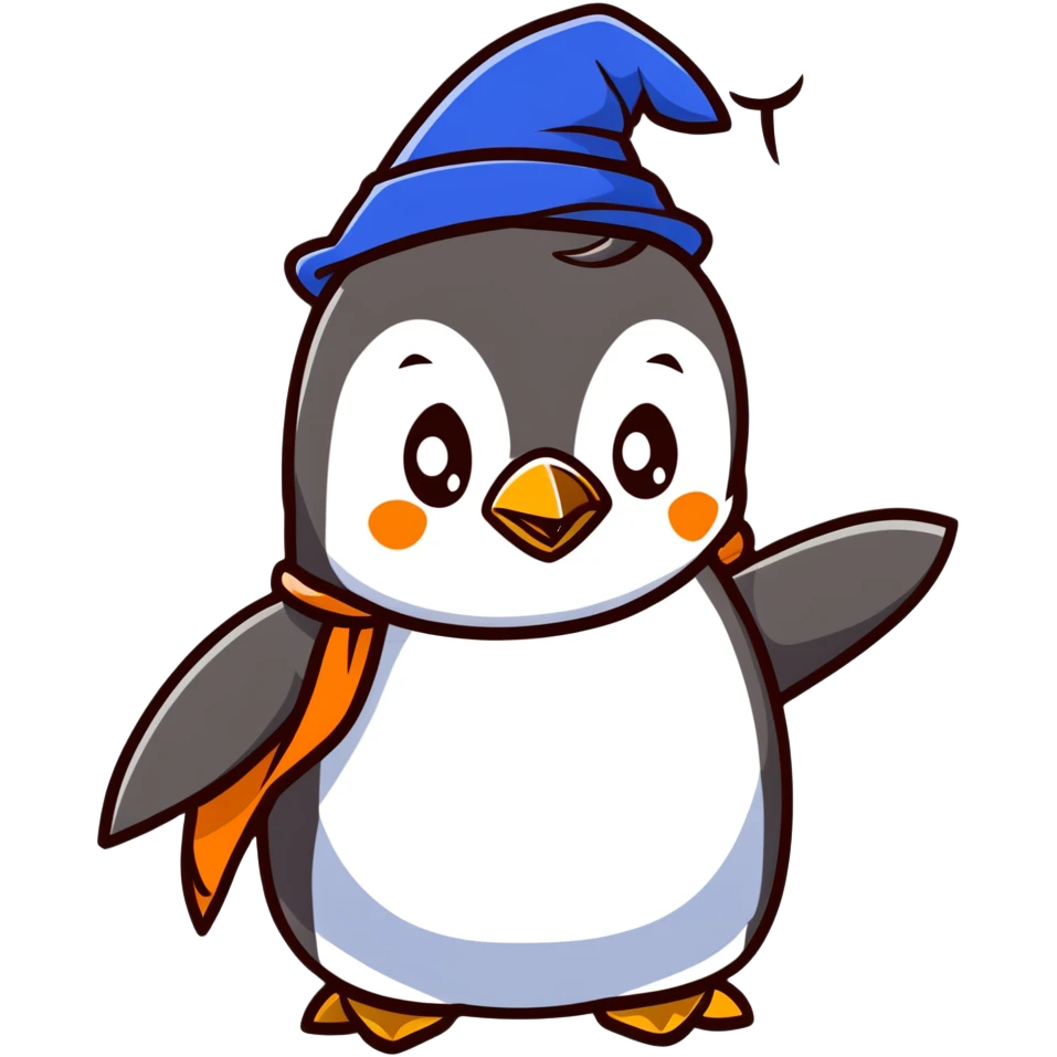 Penguin casting a magical spell with a wizard hat and blue robes emoji