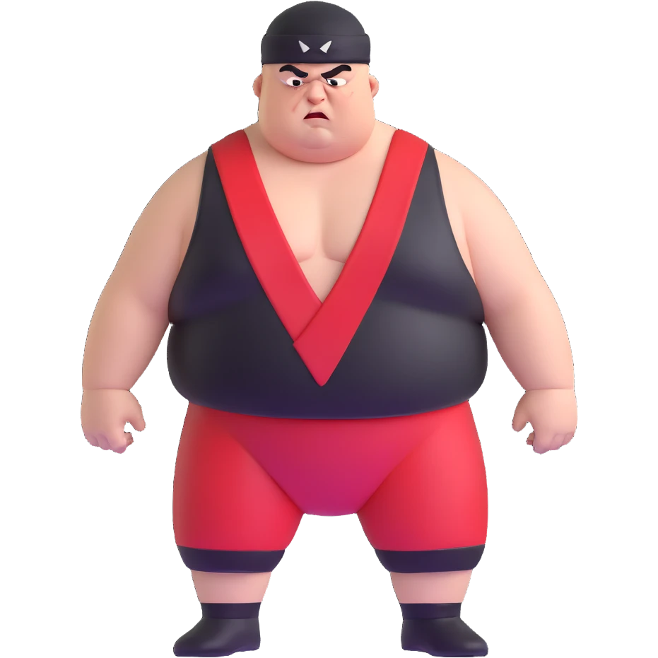 Close-up of white skin fat guy with young face, no muscle with prominent black durag, completely shaved face, no beard or mustache, black eyes in a red and black wrestling singlet with angry face emoji