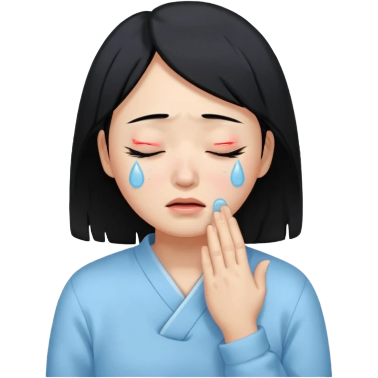 A crying East Asian woman with black hair, wearing light blue clothing. Her skin appears dry, closing her eyes and crying emoji