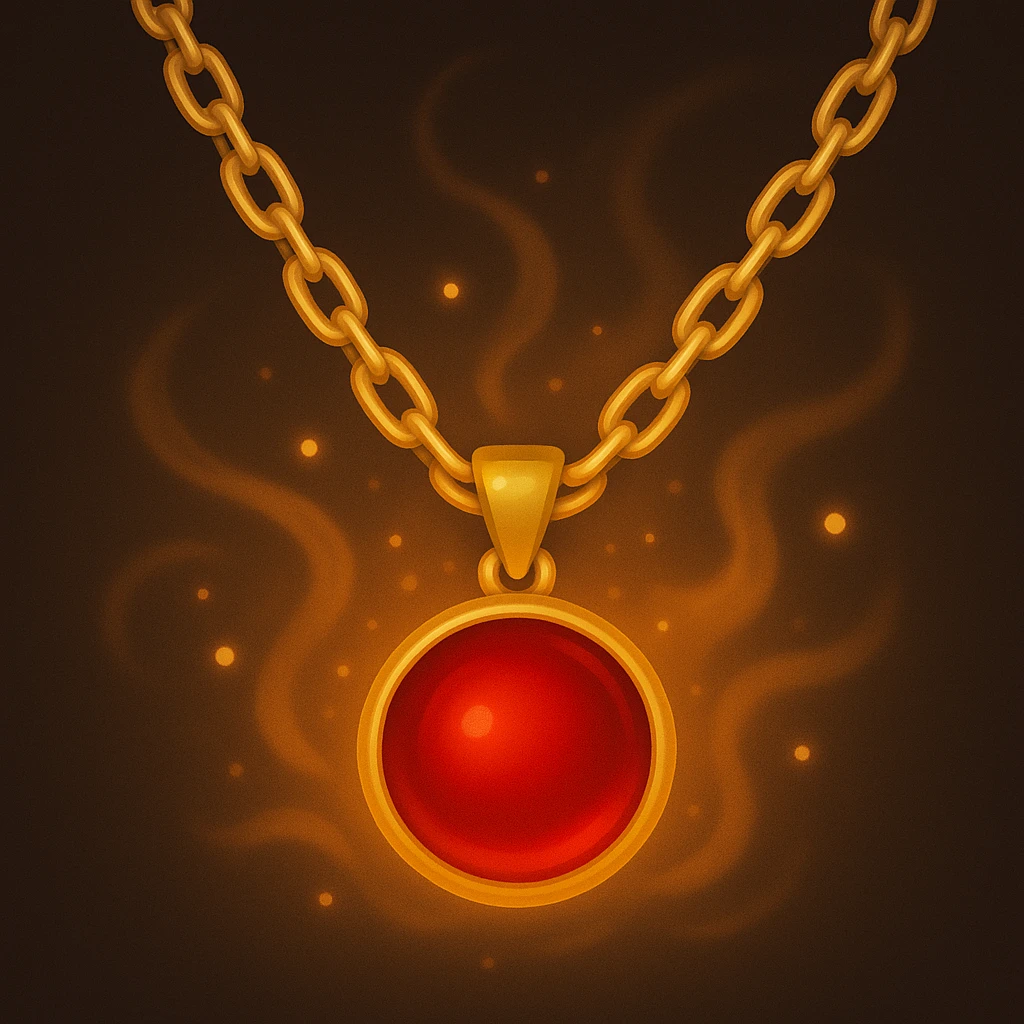 Make the garnet round and glowing wine-red, tiny talisman radiating warmth and power, golden chain, ethereal and moving, in emoji style emoji