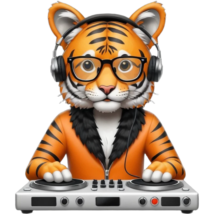 hipster tiger djing on two vinyl turntables emoji