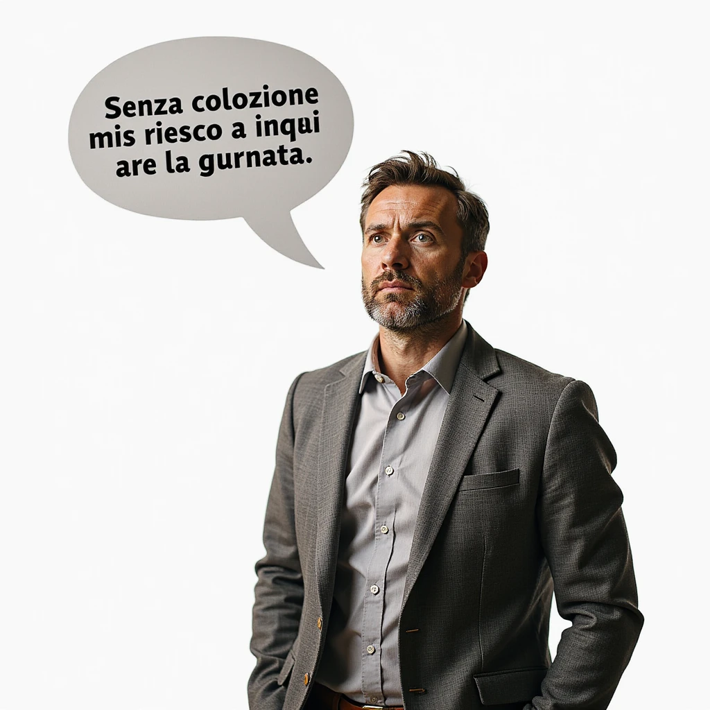 hyperrealistic 4K man isolated on white background with a speech bubble saying 'Senza colazione non riesco a iniziare la giornata', convinced expression, natural pose, realistic details emoji