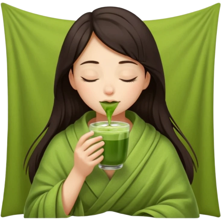 Dark brown hair girl inside a blanket sipping matcha eyes closed emoji