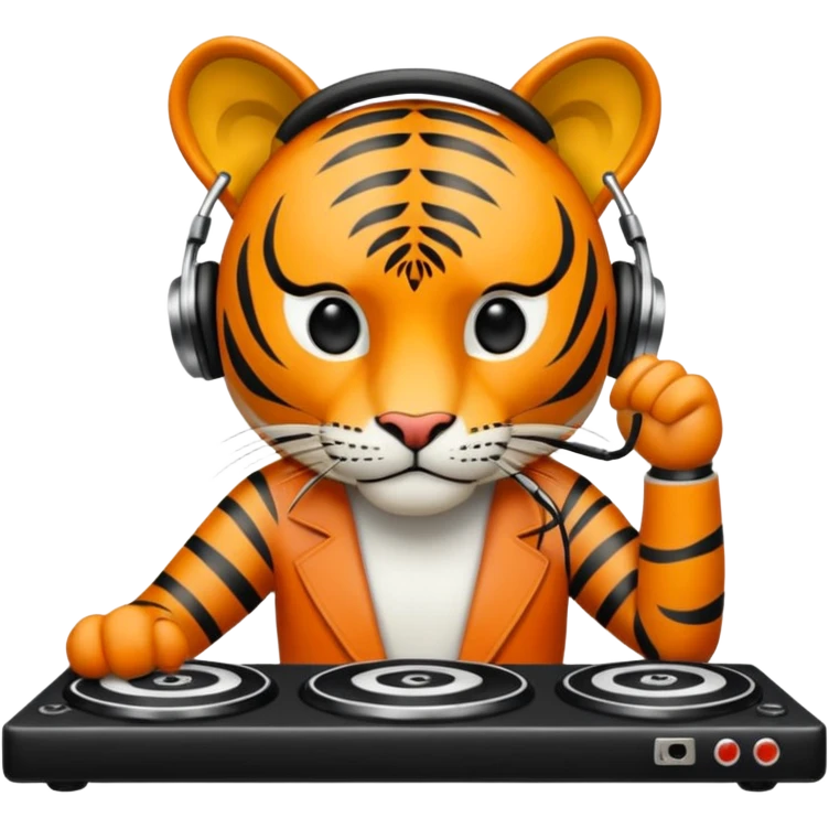 Un tigre enfadado con una mesa de dj . Lo quiero más profesional con unos audífonos y cara de astuto  emoji