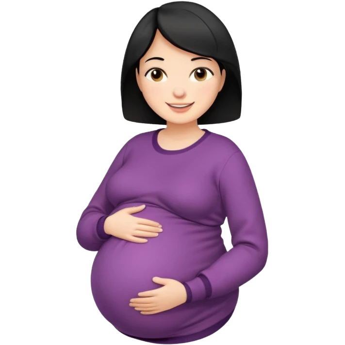 pregnant woman with short black hair happily touching her big belly while wearing warm clothes emoji