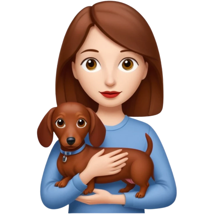 White woman with medium length brown hair holding a red dashound emoji