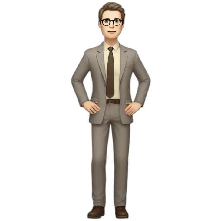 Full height Actively Gesturing Pale skinned fit man with dark brown hair in gray jacket, beige office shirt, brown tie, brown pants and vintage glasses. emoji