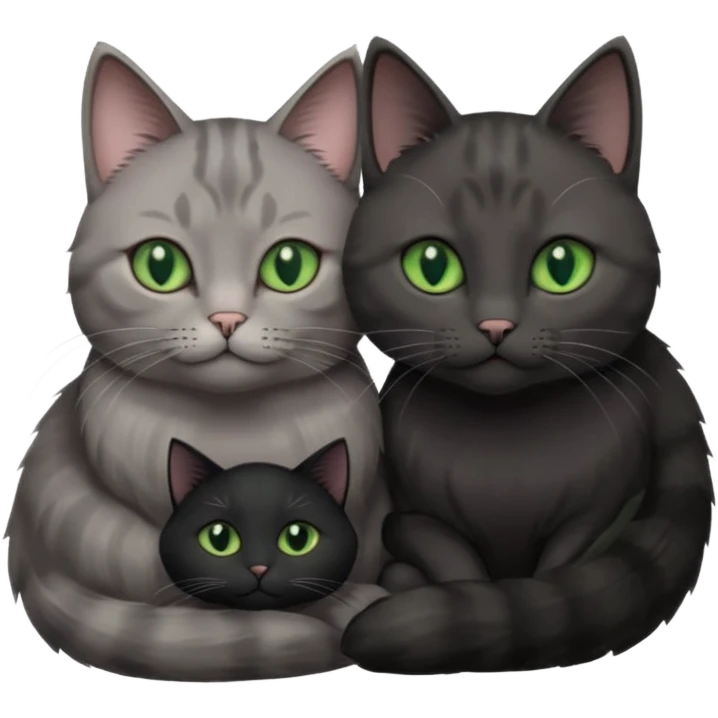 1 regal looking grey cat with pastal green eyes and 1 black with green eyes cat cuddling emoji