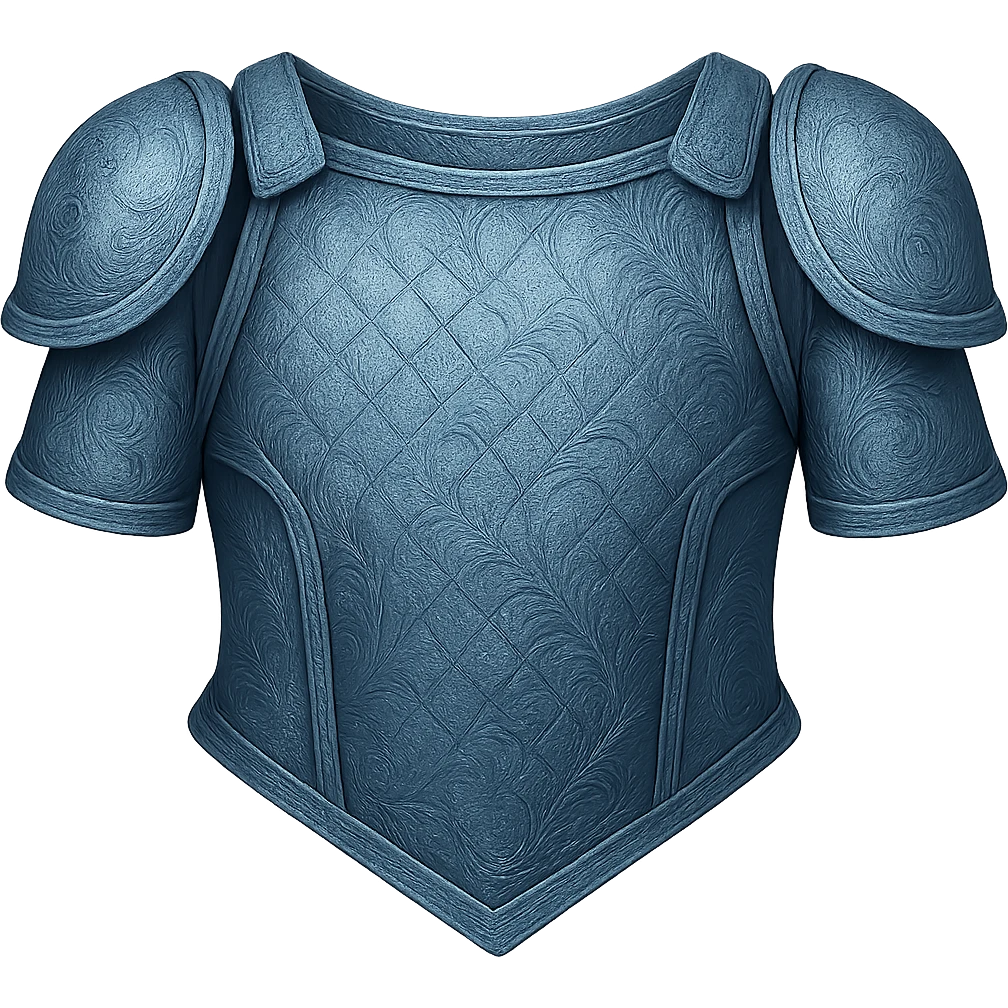 Recolor this armor to match the blueish-gray steel color and ornate engravings of the reference helmet. Emphasize the cool metallic finish and detailed engravings, matching the helmet exactly. Transparent background. emoji