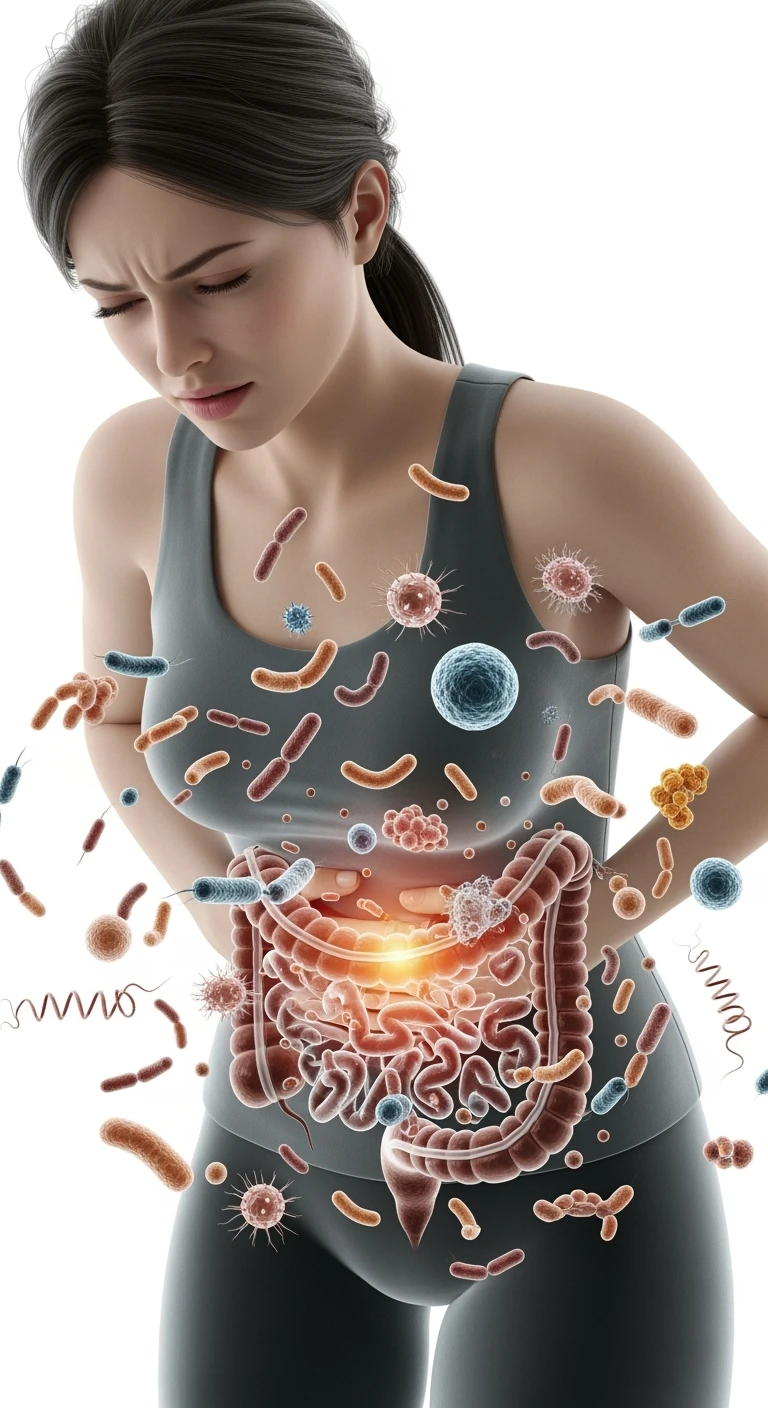 DONNA CON MAL DI PANCIA E INTESTINO UMANO ANATOMICO VISIBILE, BATTERI INTESTINALI FLUTTUANO INTORNO, IPERREALISTICO 4K, SFONDO BIANCO emoji