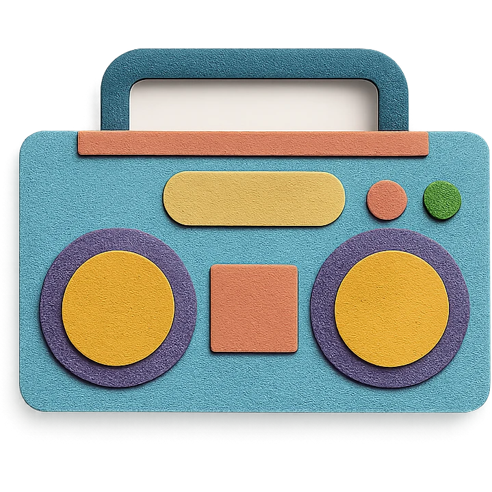 modern boombox with simple shapes and playful colors, paper-craft style emoji