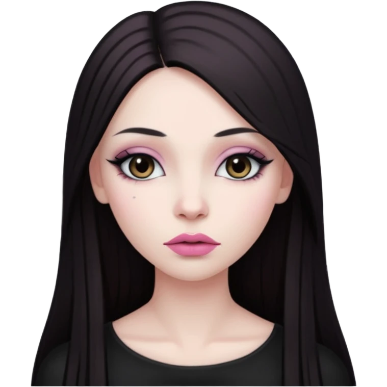Very pale goth woman, with long dark brown straight hair and makeup and soft pink lips  emoji