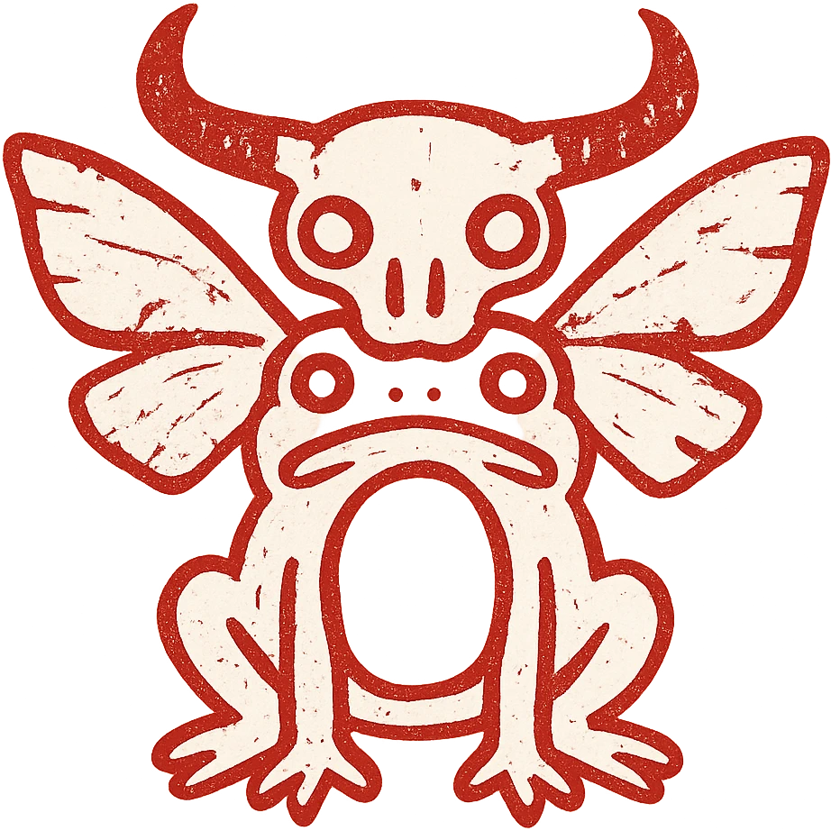 a horrifying minimalist red line art icon of a single fused creature with minotaur skull base, stoat features, frog eyes/mouth, and moth wings growing from back of skull, transparent hollow middle, with deliberately smudged, worn, torn appearance and missing pieces, only thin red lines, weathered like ancient damaged artwork emoji