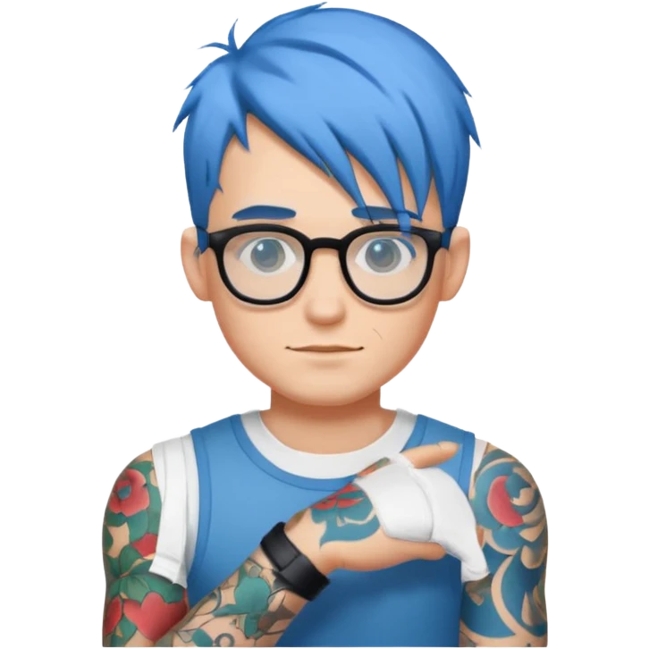 male character with blue hair, glasses, tattoo on arm emoji