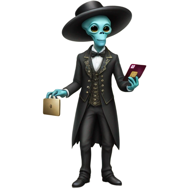 alien galora in Victorian dress elegant, full body, holding big credit card emoji