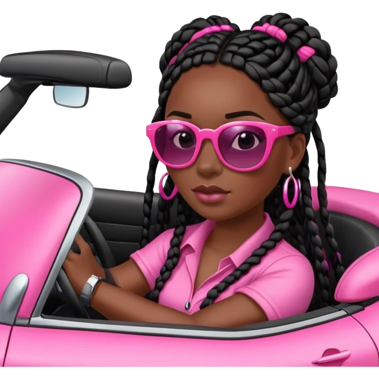 A dark-skinned Black woman with black box braids, driving a pink car emoji