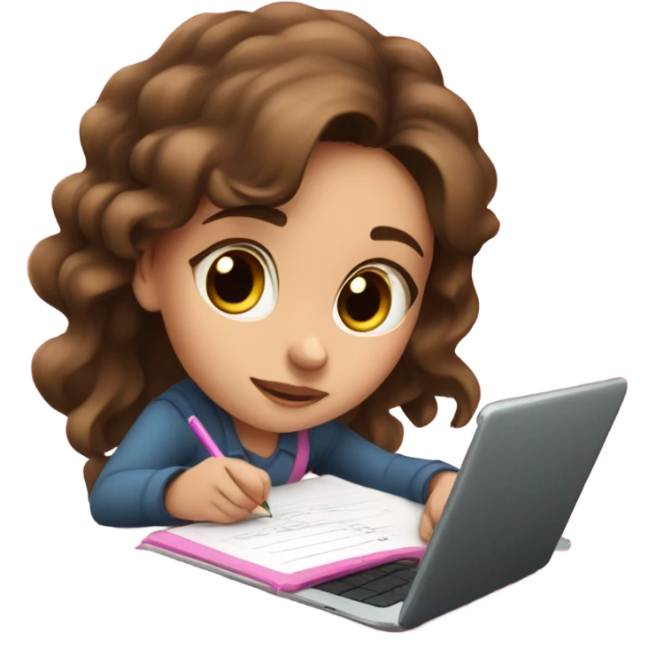 Beautiful girl with brown hair and brown eyes doing homework on a pink notebook and her ipad on her white table emoji