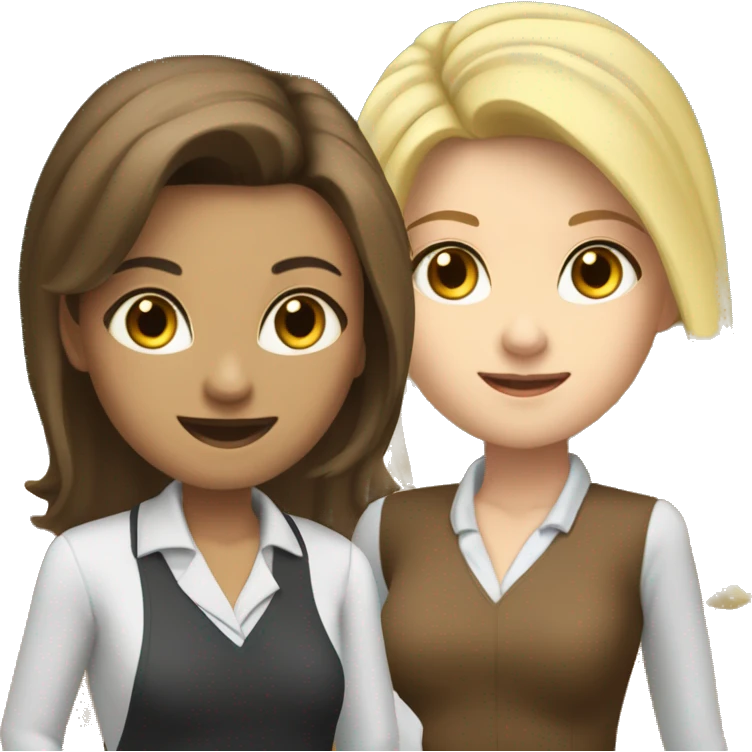 three girls dressed as teachers standing in front of a school board, two of them are brunettes and fair-skinned with brown eyes, one of them is blonde and fair-skinned with blue eyes emoji