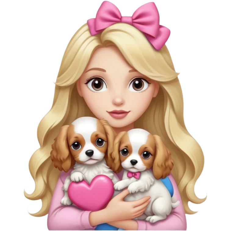 Pretty blonde bombshell girl with long hair and highlights. She has long eyelashes and a pink bow in her hair. She is holding a cavalier puppy in her arms and there is a huge heart behind her emoji