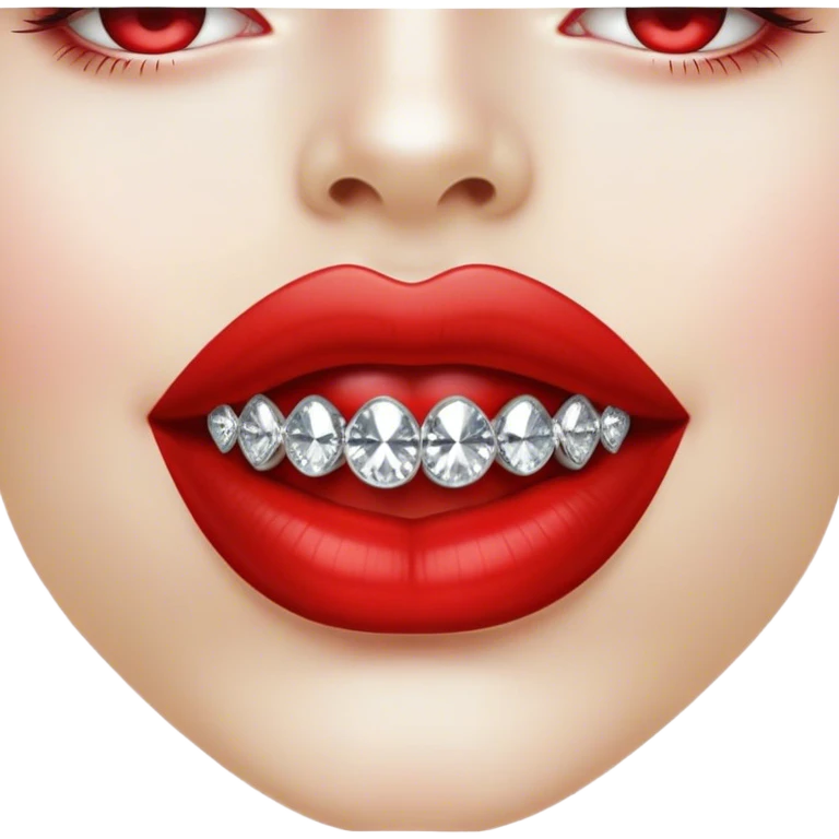 Glossy, bright red lips slightly parted. Inside, sparkling diamonds grillz.  emoji