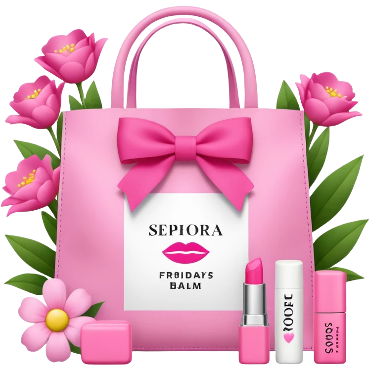 A Sephora shopping bag with a pink preppy lip balm and Summer Fridays branding peeking out, pink and bows surrounded summery emoji