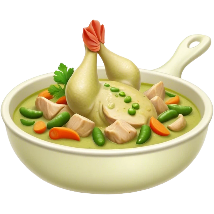 Cinematic Realistic Green Chicken Curry Dish Emoji, depicted with tender chicken simmered in a fragrant green curry sauce with vegetables rendered with rich textures and dynamic, vibrant lighting. emoji