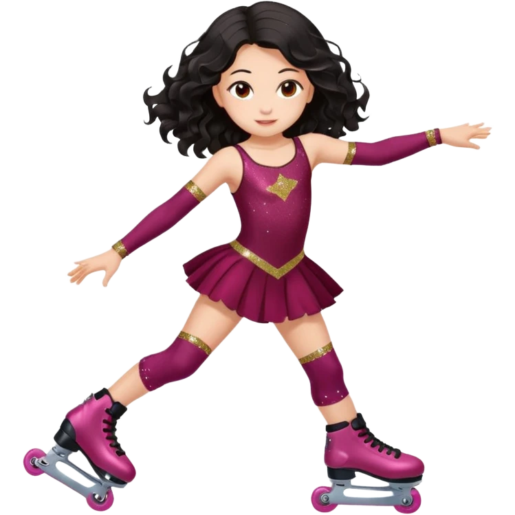 Una patinadora de 12 años y es morena de pelo y lleva un mallott granate con brillos y esta patinando con patines de ruedas en linea y su piel es clara y el pelo es largo negro ondulado e mallot tiene falda emoji