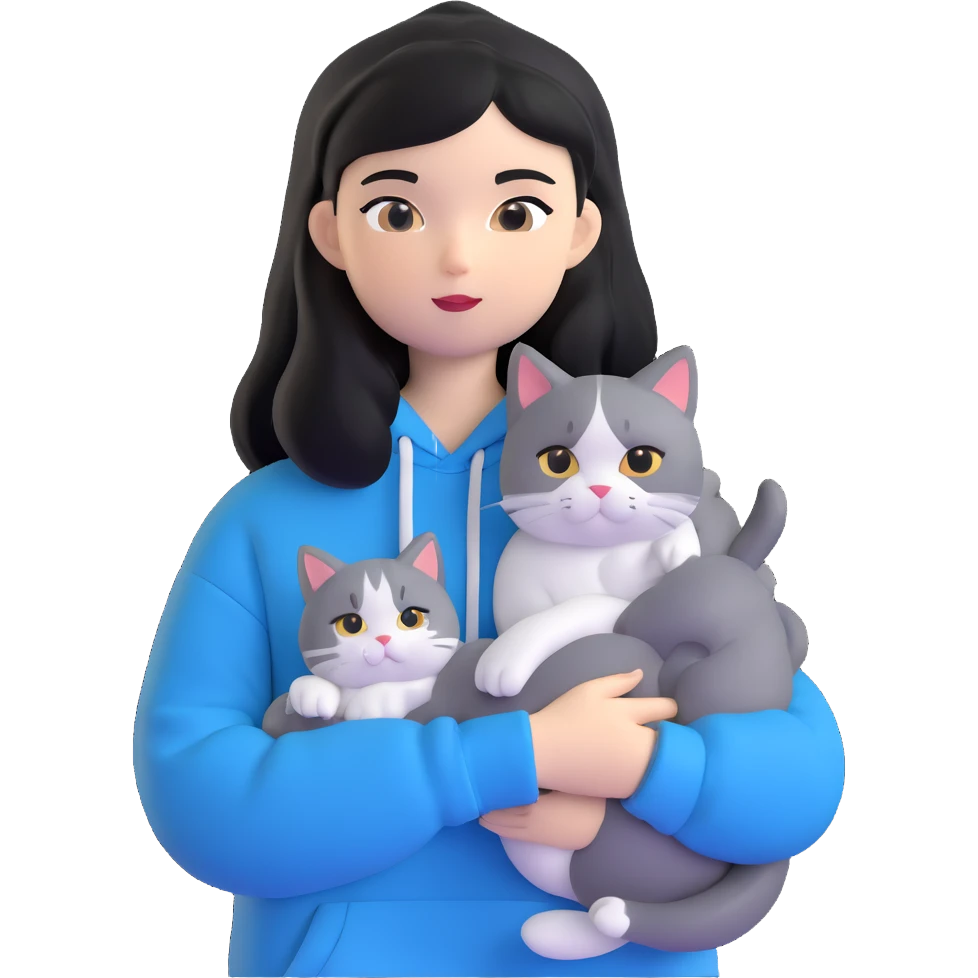 Girl with black hair wearing gray hoodie with a British shorthair blue and white cat and a long-haired blue and white cat emoji
