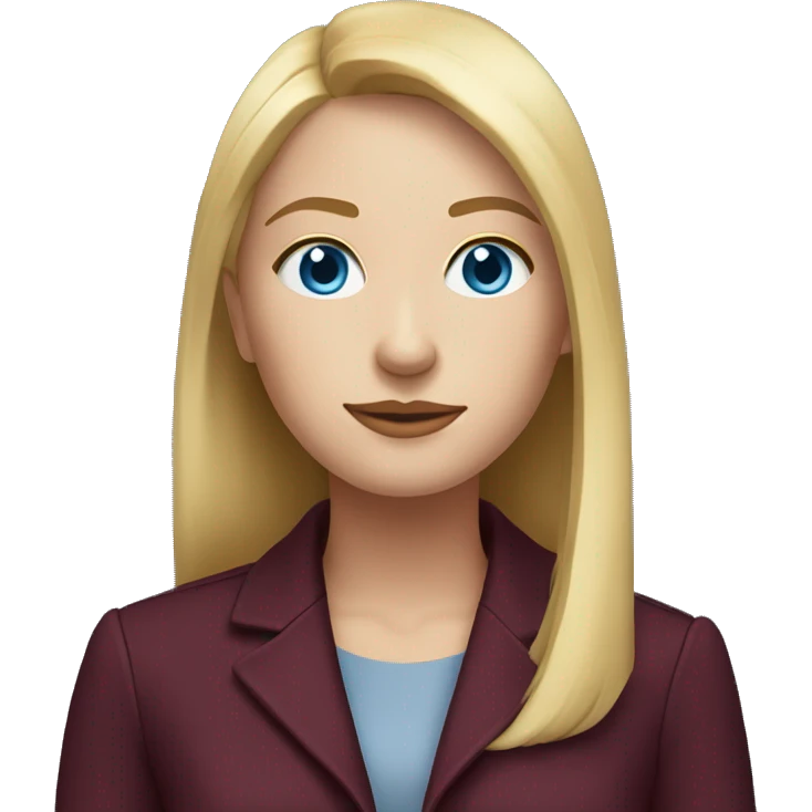 portrait of an adult girl, blue eyes, straight long bob blond hair, dark blue jacket suit, burgundy red shirt emoji