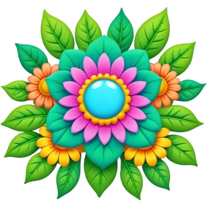 3D, psychedelic colored hippie style flower border with leaves emoji