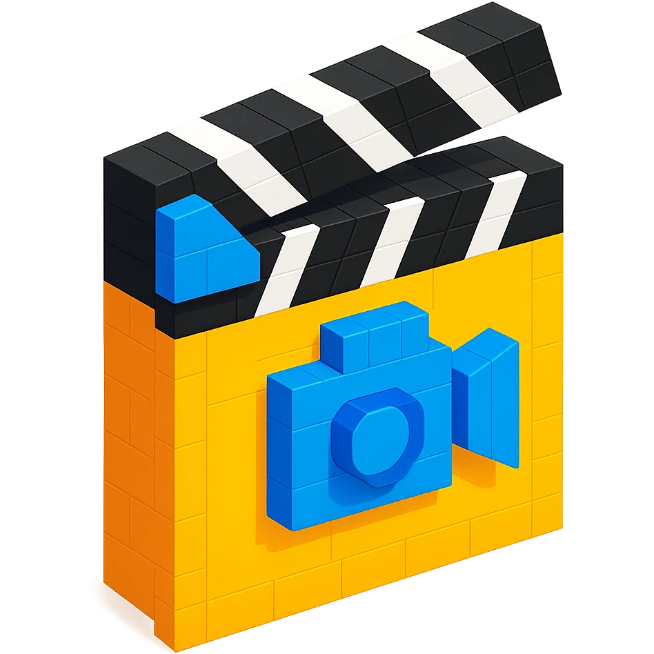 voxel style movie clapperboard with a camera icon, isometric view emoji