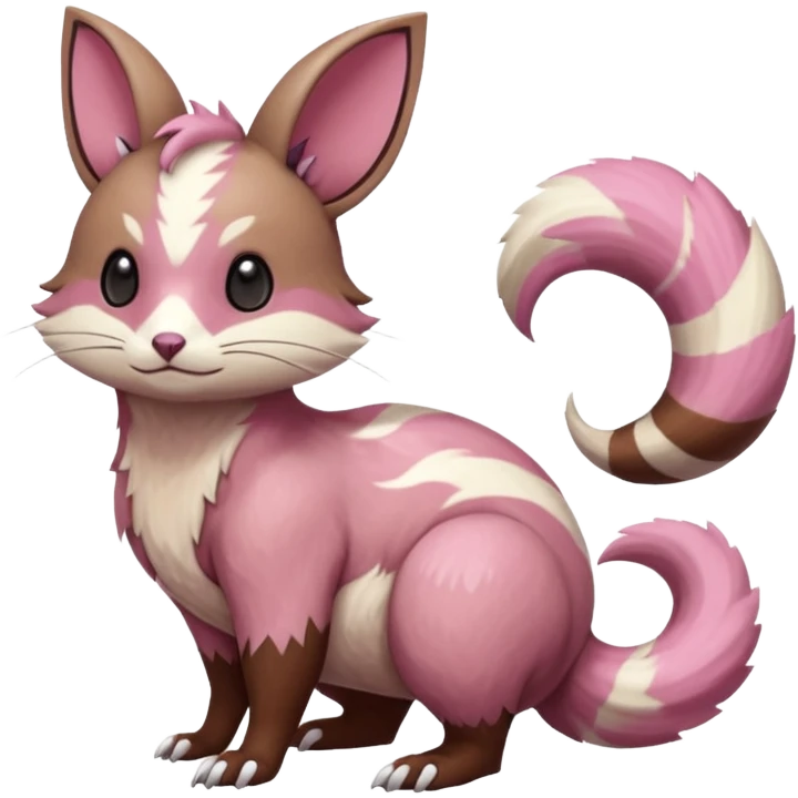 Rare realistic brown-scaled pink, white beige edgy badass epic pretty beautiful handsome gorgeous aesthetic colorful vibrant Vernid-Minccino-Cinccino-Furret-Linoone-Amaura-species-Fakemon-creature by LiLaiRa, random markings, (full body) emoji