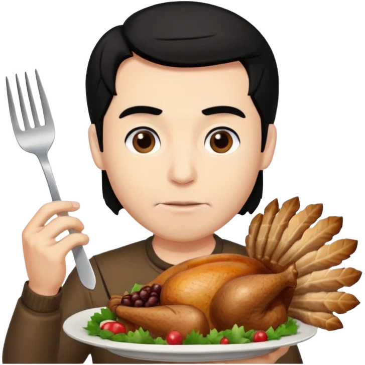 A Fatter man with black hair eating turkey emoji