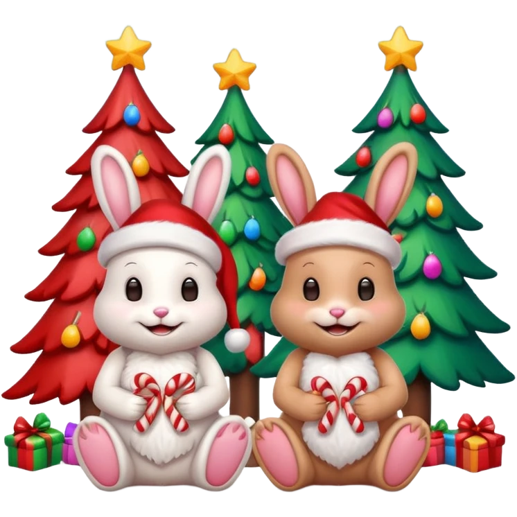 Smiling Bunnies with Santa hats sitting by brightly lit glowing colorful Christmas trees and candy canes 🎁  emoji