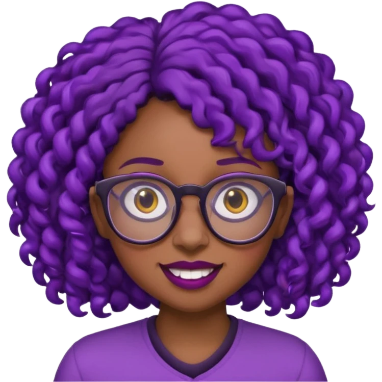 nerd emoji like with glasses showing only her buck teeth but it’s a black girl with purple black curly hair emoji