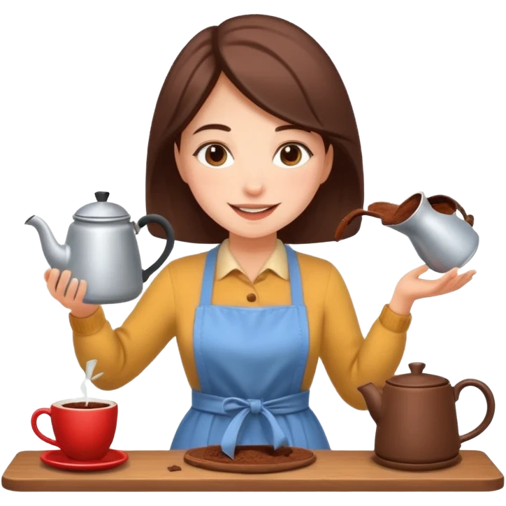 A cheerful woman wearing a winter apron, pouring cocoa from a kettle into tiny cups.
 emoji