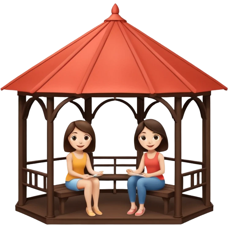 Two small brunette women sitting inside a large white gazebo emoji