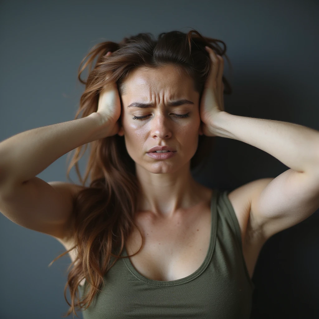 woman with hands in hair, stressed and nervous expression, hyperrealism 4K, variation 7 emoji
