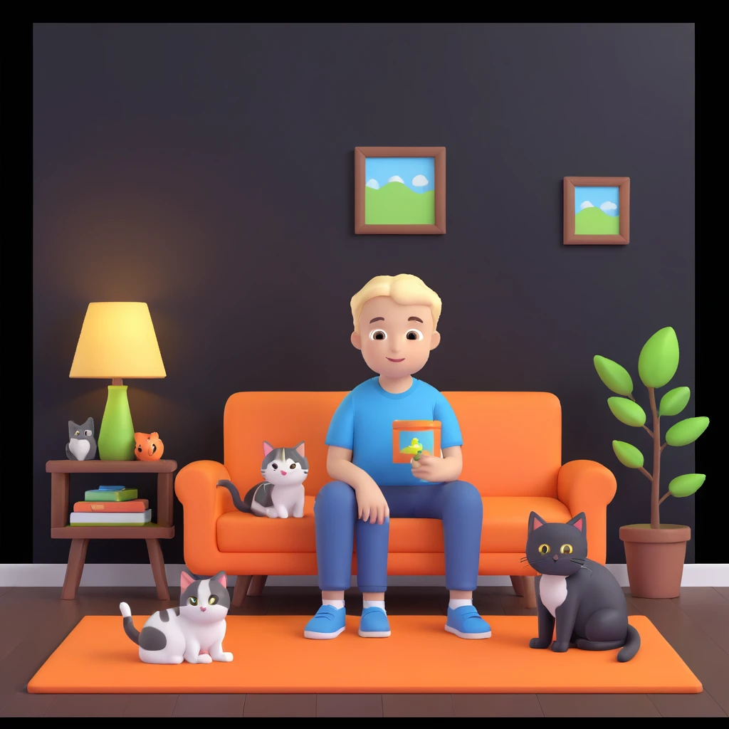 boy and cat pet, living room background emoji